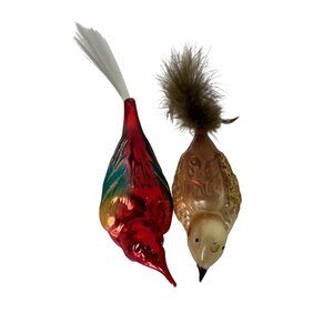 2Vintage mercury Glass Bird Christmas Ornaments With Clip-On Tails & Feathers